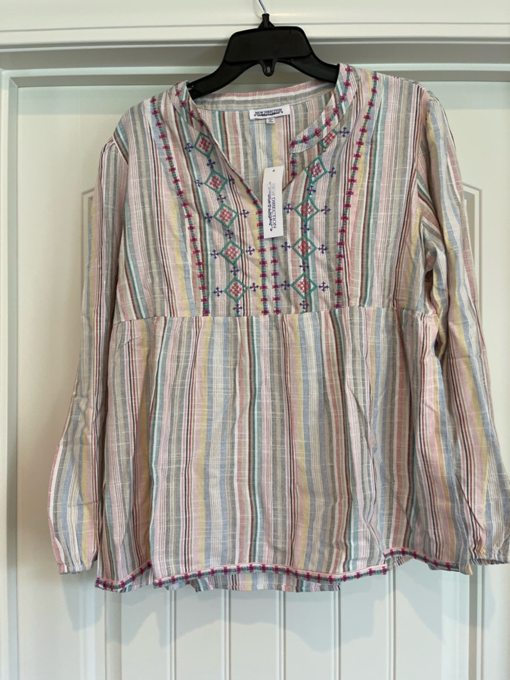 new directions Pastel Striped Embroidered Peasant Tunic